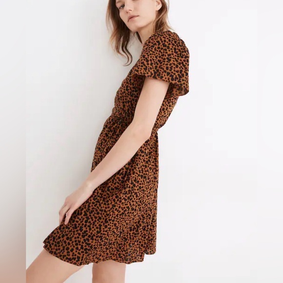 Madewell Flutter-Sleeve Wrap Mini Dress in Painted Leopard - Picture 2 of 8